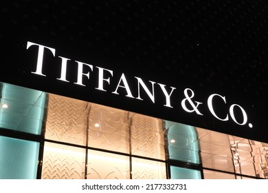 Shanghai,China-June 25th 2022: Close Up Tiffany Co. Store Sign At Night. Luxury Jewelry Brand