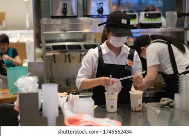 Shanghai/China-May 2020: Working Clerks In  Pearl Milk Tea Shop, Wearing Face Mask To Avoid Covid-19 Coronavirus