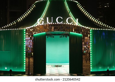 Shanghai.China-Nov.6th 2021: Facade Of GUCCI Store At Night. Luxury Brand