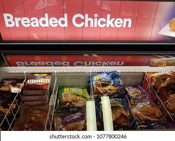 Shannon, Ireland - April 26th, 2018: Iceland Store In Shannon, Ireland. Shop Store Selection Of Various Frozen Breaded Chicken.