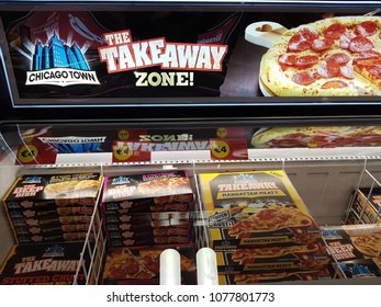 Shannon, Ireland - April 26th, 2018: Iceland Store In Shannon, Ireland. Shop Store Selection Of Various Frozen Chicago Town Pizza.