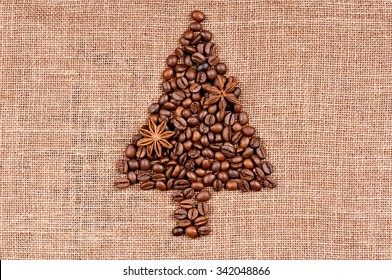 Shape of christmas tree made of coffee beans on burlap - Powered by Shutterstock