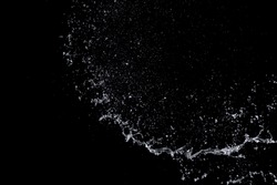 Shape Form Droplet Of Water Splashes Into Drop Water Attack Fluttering In Air And Stop Motion Freeze Shot. Splash Water For Texture Graphic Resource Elements, Black Background Isolated
