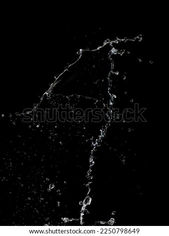 Shape form throw of Water splashes into drop water attack fluttering in air and stop motion freeze shot. Splash Water for explosion texture graphic resource elements, black background isolated