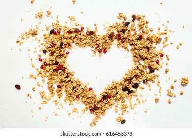 Shape Heart Granola Raisin Coconut Almond Background Top View Healthy Concept