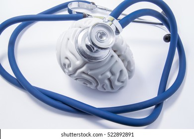 Shape Of Human Brain As Organ, Which Is Head Of Stethoscope. Pic For Protection, Research, Diagnosis And Treatment Of Brain From Neurological Diseases Such As Stroke, Injury, Trauma, Cancer, Tumor Etc