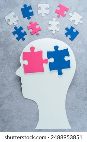 The shape of a human head with different types of gender identity puzzles. Sexual education and awareness. Complexity of gender concept . High quality photo