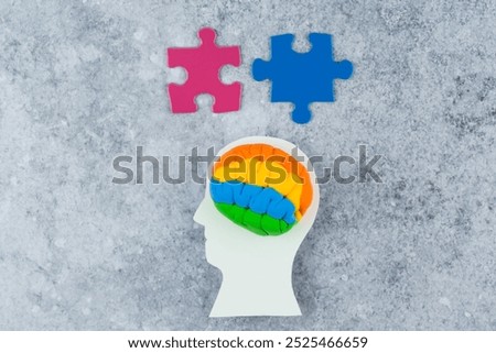 The shape of a human head with different types of gender identity puzzles on a gray background. Sexual education and awareness. Complexity of gender concept . High quality photo