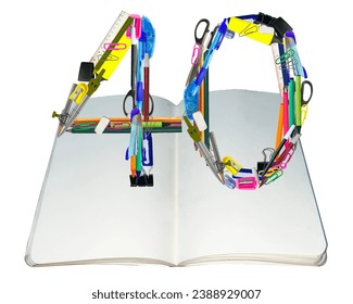 The shape of the number 40 is made of various kinds of stationery isolated on transparent background