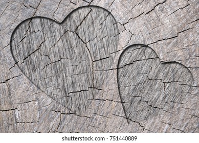 Shape of two hearts in wood. 