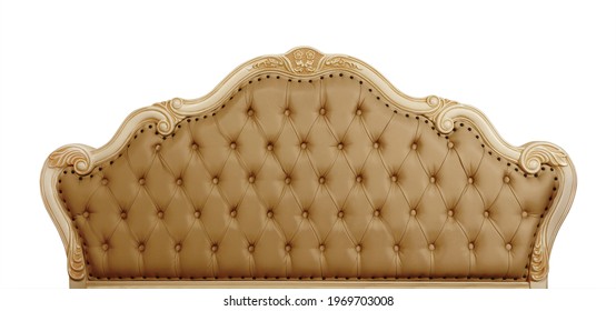 Shaped beige brown soft tufted leather capitone bed headboard of Chesterfield style sofa with carved wooden frame, isolated on white background, front view