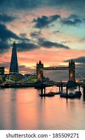 The Shard And Tower Bridge Over Thames River In London At Dusk.