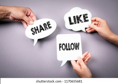 Share, Like And Follow. Social Media Marketing Concept. Speech Bubble On A Gray Background