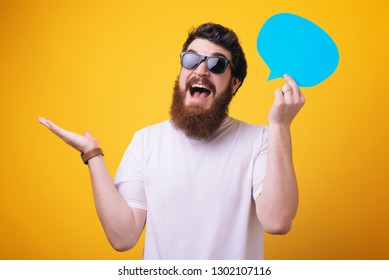 Share opinion speech bubble copy space. Men with beard mature hipster wear sunglasses. Explain humor concept. Funny story and humor. - Shutterstock ID 1302107116