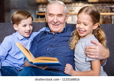 Share Your Wisdom. Positive Elderly Man Reading A Book For His Grandchildren While Resting At Home