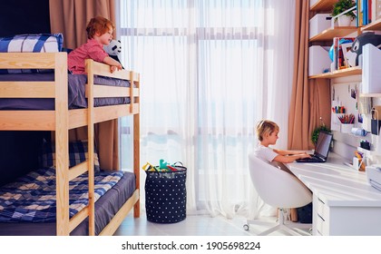 Shared Kids Bedroom With Bunk Bed, Big Table And Wall Shelves, For Two Boys