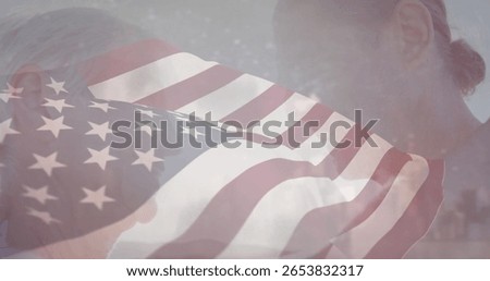 Sharing conversation between mother and son in chapel, with American flag graphic and cross shapes. Patriotism, reflection, ancestry, reverence, solemn, heritage, intergenerational