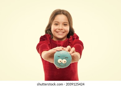 Sharing Donut With You. Happy Baby Hold Donut Isolated On White. Small Child With Smiling Face Donut. Selective Focus. Sweet Food And Dessert. Donut Bakery. Bakery Shop And Cafe