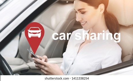 Sharing Economy. Business Woman Using Car Sharing Mobile Application, Sitting In Rental Transportation, Panorama