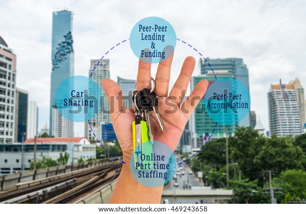 Sharing economy and collaborative\
consumption concept. Key ring and memory stick hook on hand with\
sharing economy components messages on blur city\
background.
