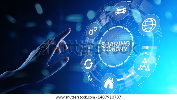 Sharing economy, innovation and future\
business technology concept on virtual\
screen.