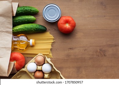 Sharing Food Concept. Delivery Of Products. Donation Bank Box. Volunteer Collecting Food. Coronavirus Pandemic Help. Top View Place For Text. Tasty Fresh. Natural Vegetarian Vitamins. Support