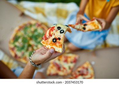 Sharing Pizza, Hands Taking A Piece Of Pizza From A Box Outdoor, Family Picnic, Eating Pizzas For Dinner, Fast Food Delivery.