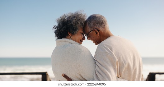 Sharing a romantic moment at the beach. Rearview of a happy senior couple touching their foreheads together on a seaside bridge. Retired elderly couple spending some quality time together. - Powered by Shutterstock