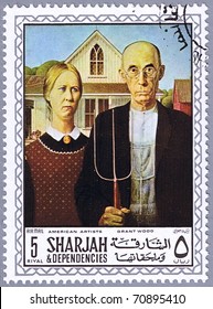 SHARJAH - CIRCA 1968: A Stamp Printed In Sharjah Shows Painting Of Grant Wood - American Gothic, Series, Circa 1968 