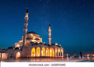 Sharjah Grand Mosque Night View,Sharjah Travel Tourism Image,Best Places to visit in Dubai, Amazing architecture Design, Islamic concept Ramadan and Eid Background 2020, Beautiful Mosque in the world 
