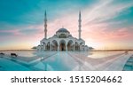 Sharjah Mosque Largest Masjid in Dubai, Ramadan Eid Concept background, Arabic Letter means: Indeed, prayer has been decreed upon the believers a decree of specified times, Travel and tourism image