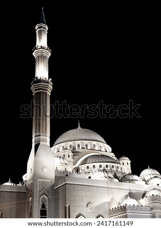 Sharjah mosque at night called masjid al noor. united arab emirates