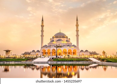 Sharjah Mosque second biggest mosque in United Arab Emirates beautiful traditional Islamic architecture new famous tourist attraction in Middle east, Travel and tourism Concept image