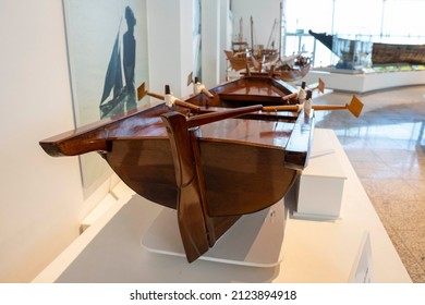 "Sharjah, Sharjah,United Arab Emirates - 9.31.2021 - "Close up rear of a Sama'a Dhow Boat replica for historical education of fishing and transportation in the Middle East"