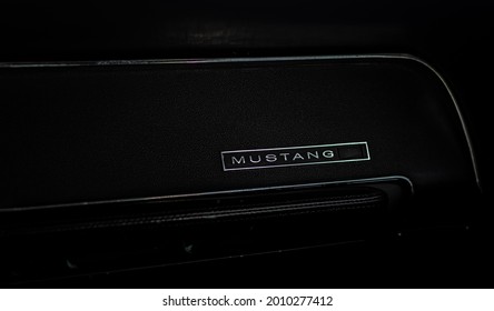 SHARJAH, UNITED ARAB EMIRATES - May 05, 2021: Logo If Ford Mustang Vintage Model 1966