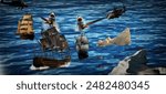 A shark has attacked the ship in the ocean. Police helicopters are shooting at the shark. All ships are running away to save their lives.