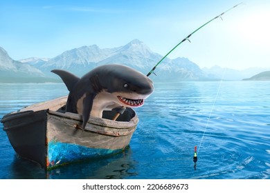 Shark riding on a boat with a fishing rod casting bait in the water. Funny humor concept.