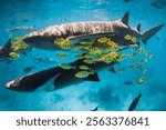 Sharks swims with tropical yellow fish in tropical sea. Nurse sharks in Maldives