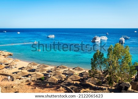 Sharm El Sheikh: Beautiful top view of popular Farsha cafe on shore of Red Sea in Hadaba district, Sharm El Sheikh, Egypt