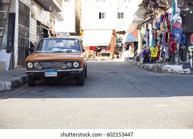 Sharm El Sheikh Egypt - 28 August 2016: Market Bazaar Outside Front Without People, Old Fiat Car