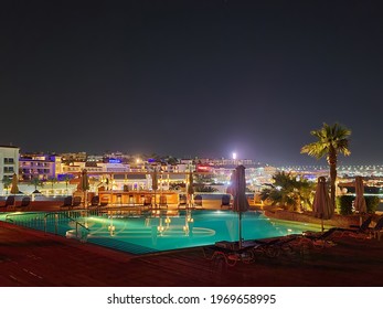 Sharm El Sheikh, EGYPT - February 2021: Hotel Rooftop Pool At Night In Sharm El Sheikh.