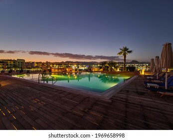 Sharm El Sheikh, EGYPT - February 2021: Hotel Rooftop Pool At Night In Sharm El Sheikh.