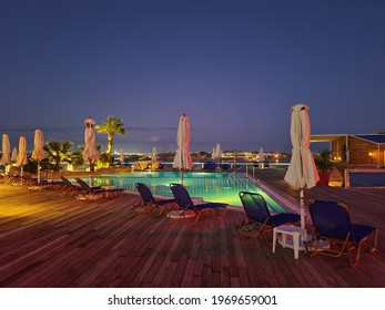 Sharm El Sheikh, EGYPT - February 2021: Hotel Rooftop Pool At Night In Sharm El Sheikh.