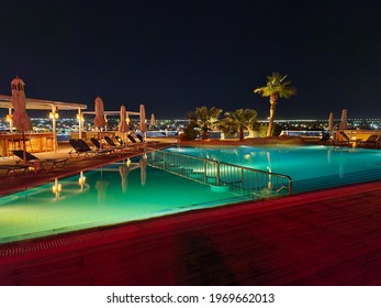 Sharm El Sheikh, EGYPT - February 2021: Hotel Rooftop Pool At Night In Sharm El Sheikh.