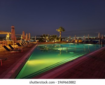 Sharm El Sheikh, EGYPT - February 2021: Hotel Rooftop Pool At Night In Sharm El Sheikh.