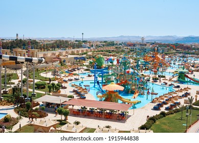 Sharm El Sheikh, Egypt - July 28, 2019: Aerial View Of Water Park In The Hotel. Aqua Park Background