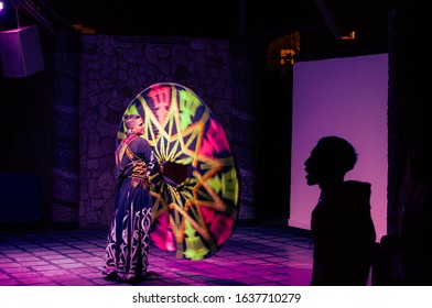 Sharm El Sheikh, Egypt, May 11, 2019: Egyptian man performing tanoura folk dance or sufi whirling