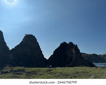 Sharp Coastal Rock Formations Under Blue Sky