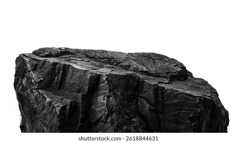 Sharp edged Black Natural Rock with rugged texture Isolated on White Background