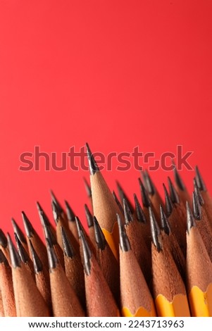 Sharp graphite pencils on red background, space for text